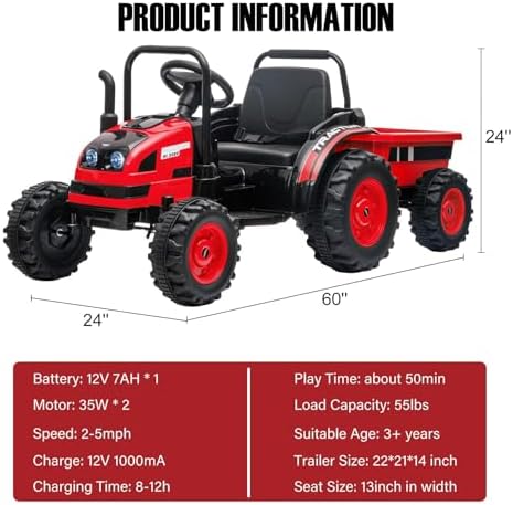 RCTOWN Kids Ride On Tractor with Trailer, 12V Battery Powered Electric Tractor with Remote Control, Music, USB, Led Lights, Audio, Safety Belt, 35W Dual Motors, Unload Button, Red