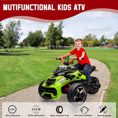RCTOWN 12V 3 Wheeler Ride On ATV Electric Motorcycle, Battery Powered Electric Vehicle w/Led Lights, High & Low Speed, Horn, Music, USB, Treaded Tires, Ride On Car for Kids Gift, Green