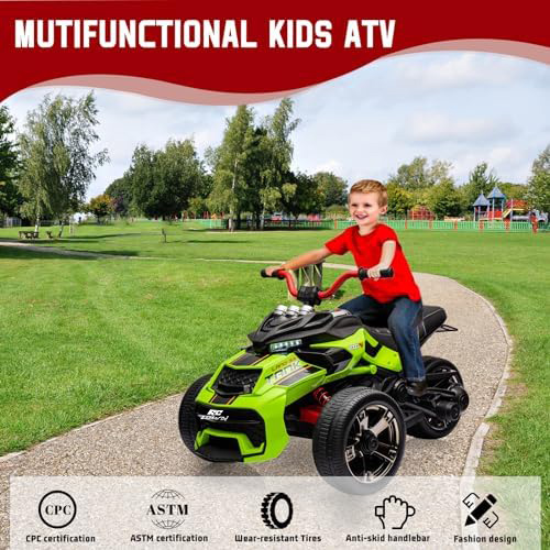 RCTOWN 12V 3 Wheeler Ride On ATV Electric Motorcycle, Battery Powered Electric Vehicle w/Led Lights, High & Low Speed, Horn, Music, USB, Treaded Tires, Ride On Car for Kids Gift, Green