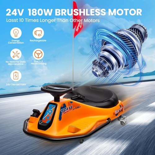 RCTOWN Electric Kids Drift Kart, 24V 2 Speed Modes, 360 Degree Easy Spinning Drifts, Flashing Lights, Flags, Music, Drift Cart, Suitable for Children Over 3 Years Old