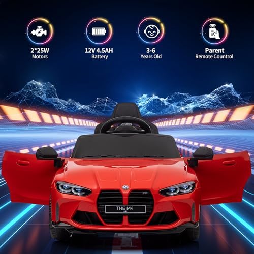 RCTOWN 12V Electric Ride On Car w/RC,Licensed by BMW M4 Toddler Electric Vehicle for 37-83 Months,Power Wheels for Boys Girls, with Suspension System,3 Speeds, Bluetooth, MP3, Double Door, LED Light(Black)