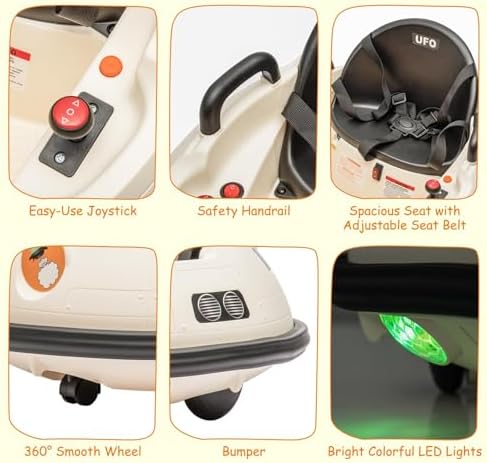 RCTOWN 12V Electric Ride on Bumper Car for Toddlers, Kids Bumper Car with Remote Control, 360 Degree Spin, LED Lights, Dual Joysticks, Safety Belt for 18+ Months Kids, White