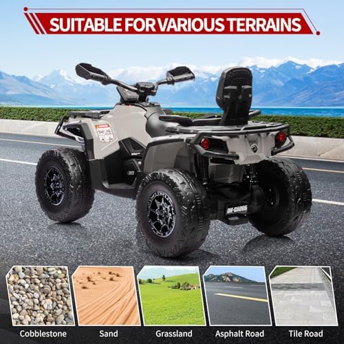 RCTOWN 24V Kids Ride On Car,2 Seater Licensed Can-Am Electric ATV Car for Kids,4 Wheeler 4WD Ride On Electric Toy Car with Bluetooth,Led,3 Speeds,Leather Seats,Grey