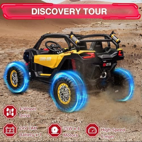 RCTOWN Two Seater 24V Kids Ride on UTV Car, RCTOWN 4WD 300W Motors Powerful Electric Vehicle w/Remote Control, 4 Shock Absorbers, Leather Seats, Music and Lights, Electric Car for Kids, Blue