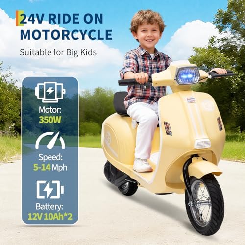 RCTOWN Motorcycle for Kids - 24V Electric Moped Scooter for Kids 8-14- Electric Scooter with Seat for Children - Ride On Toy with LED Light for Girls