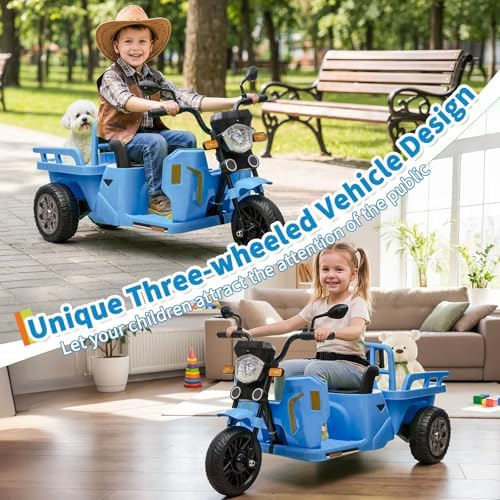 RCTOWN Kids Motorcycle, 3-Wheels Ride on Tractor w/Trailer, Sand Shovel, 2x55W Motors, Bluetooth, Music, Headlight, 12V Electric Tricycle for Kids Toddlers, Gift for Boys Girls, Blue
