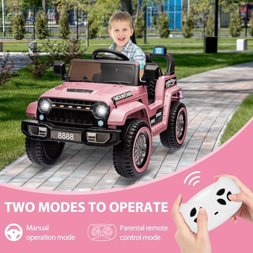 RCTOWN 12V Kids Ride on Truck Car, w/Parent Remote Control, Twin 35w Motors, 3 Speeds, LED Lights, Music & Horn, Spring Suspension, Kids Electric Vehicles Toy for 3-5 Years Old Boys Girls Gift, Light Pink