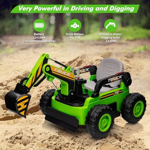 RCTOWN Kids Ride On Electric Excavator Digger Car with Remote Control & Digging Arm, 12V 10Ah Battery, 4x75W Motors,Led Tail Light, Music, USB, 360 Rotation Riding Toy Gift for Ages 3+,Blue