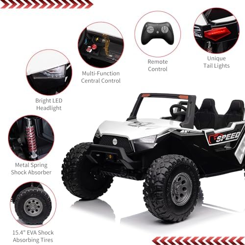 RCTOWN 24V 2 Seaters Ride On UTV with Remote Control, Battery Powered Extra Large Ride Car Toy for 2 Kids, 2 Seats+One More Foldable Seat, 15.4" Eva Wheels Off-Road with Music, Light for 3-8 Years,White