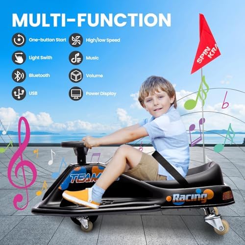 RCTOWN Electric Kids Drift Kart, 24V 2 Speed Modes, 360 Degree Easy Spinning Drifts, Flashing Lights, Flags, Music, Drift Cart, Suitable for Children Over 3 Years Old
