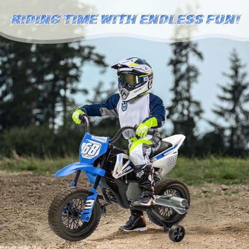 RCTOWN 12V Electric Dirt Bike, Kids Electric Motorcycle with 25W*2 Motor, Twist Grip Throttle, Training Wheels, Spring Suspension, Ride On Toy Car for Kids Over 37 Months (Blue)