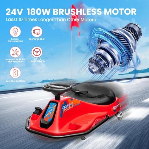 RCTOWN Electric Kids Drift Kart, 24V 2 Speed Modes, 360 Degree Easy Spinning Drifts, Flashing Lights, Flags, Music, Drift Cart, Suitable for Children Over 3 Years Old