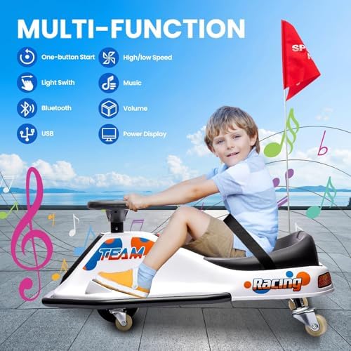 RCTOWN Electric Kids Drift Kart, 24V 2 Speed Modes, 360 Degree Easy Spinning Drifts, Flashing Lights, Flags, Music, Drift Cart, Suitable for Children Over 3 Years Old