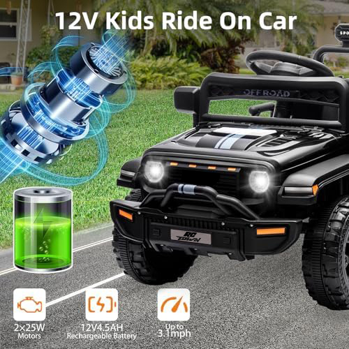 RCTOWN Ride On Truck Car, 12V Ride On Toy w/Parent Remote Control, Steering Wheel Music, 4-Wheel Spring Suspension, Led Lights, 2 Speeds, Kids Electric Vehicles for Age 3-5, Green