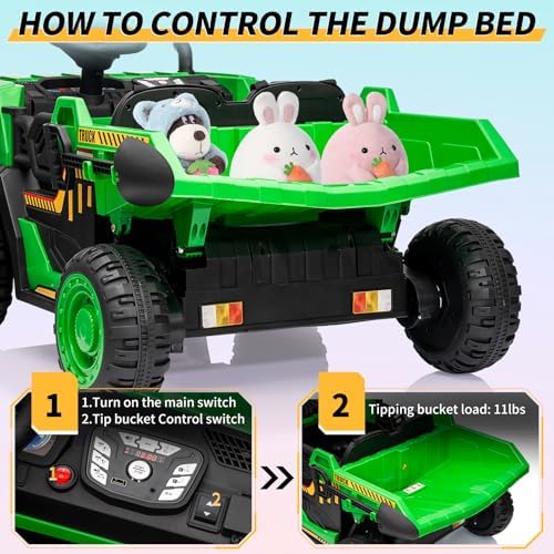 RCTOWN 24V Kids Ride On Dump Truck with R/C, 2 Seater Electric Car - 2WD/4WD Powerful Motors, 4.4 Mph, Electric Dump Bed & Shovel, EVA Tires, Music Player, Soft Start, 19" Spacious Seat (Green)