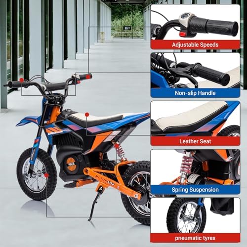 RCTOWN 24V Kids Ride On Electric Off-Road Motorcycle,250W Motor 13.6MPH Fast Speed Dirt Bike Motocross,Leather Seat,Twist Grip Throttle,Metal Suspension,Air-Filled Tires for Kids Riding Toy,Blue