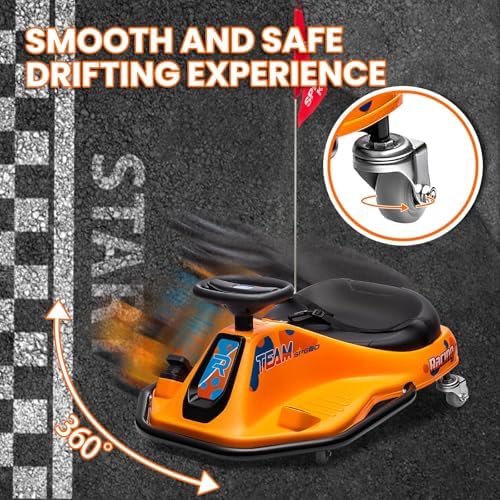 RCTOWN Electric Kids Drift Kart, 24V 2 Speed Modes, 360 Degree Easy Spinning Drifts, Flashing Lights, Flags, Music, Drift Cart, Suitable for Children Over 3 Years Old