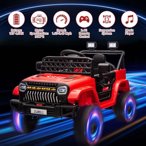 RCTOWN 12V Ride On Car for Kids Electric Vehicle Toddlers Battery Powered Truck Car Toy with Remote Control, 4-Wheel Suspension, Battery Display, LED Lights, Music, for Boys Girls, Red