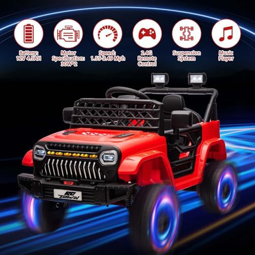 RCTOWN 12V Ride On Car for Kids Electric Vehicle Toddlers Battery Powered Truck Car Toy with Remote Control, 4-Wheel Suspension, Battery Display, LED Lights, Music, for Boys Girls, Red