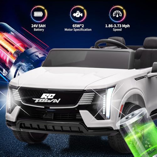 RCTOWN 24V 2 Seater Kids Ride On Car Licensed Cadillac Electric Car Toy for Toddlers Battery Powered Ride On Truck with 2.4G Remote Control, Spring Suspension, Music, LED Lights, White