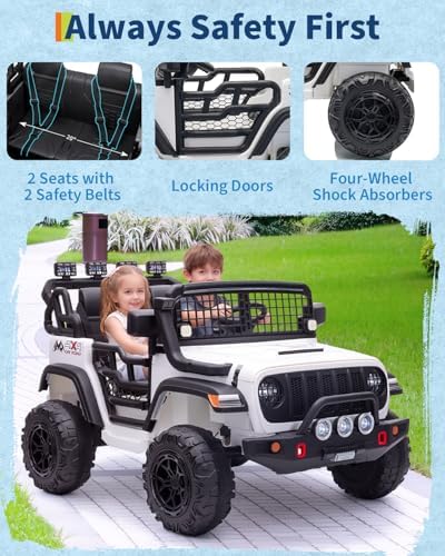 RCTOWN 2 Seats 24V Kids Electric Ride on Car with Remote Control, 20" Large Seat with 2 Safety Belts, Two 200W Battery Powered Electric Vehicle for 3+ Years, LED Light,Music,Horn,USB Port, Riding Toy,White