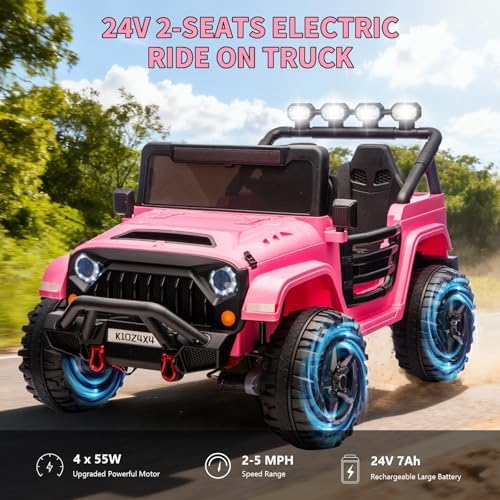 RCTOWN Kids 24V 2-Seater Electric Ride On Car, 4x4 Ride On Truck w/Remote Control, 4-Wheeler Suspension, 3 Speeds, Led Lights, Bluetooth, Ride on Car Toy for Kids Ages 3-8, Cyan Blue