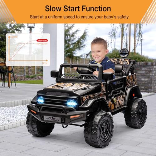 RCTOWN 2 Seater Ride On Car for Kids, 12V Electric Truck with Parent Remote Control, Spring Suspension, 2 Speeds, LED Headlight & Music Player, Kids Electric Vehicle for Aged 3-8 Years, Black