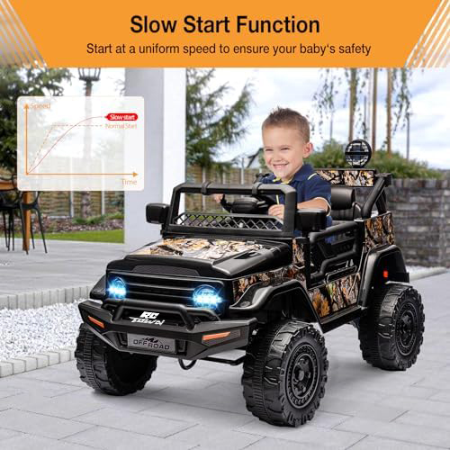 RCTOWN 2 Seater Ride On Car for Kids, 12V Electric Truck with Parent Remote Control, Spring Suspension, 2 Speeds, LED Headlight & Music Player, Kids Electric Vehicle for Aged 3-8 Years, Black