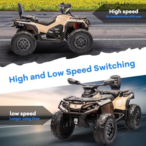 RCTOWN 2 Seater Ride On Car, 24V 4WD Electric ATV Car for Kids, Leather Seaters, Safety Belt, Bluetooth, 1.86 to 4.79 Mph 4 Wheeler Electric Toy Car As Gift for Boys, Girls, Brown