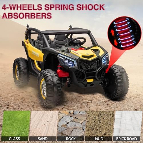 RCTOWN Two Seater 24V Kids Ride on UTV Car, RCTOWN 4WD 300W Motors Powerful Electric Vehicle w/Remote Control, 4 Shock Absorbers, Leather Seats, Music and Lights, Electric Car for Kids, Blue