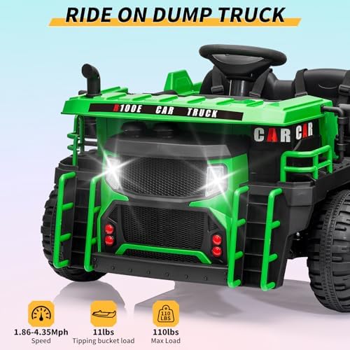 RCTOWN 24V Kids Ride On Dump Truck with R/C, 2 Seater Electric Car - 2WD/4WD Powerful Motors, 4.4 Mph, Electric Dump Bed & Shovel, EVA Tires, Music Player, Soft Start, 19" Spacious Seat (Green)