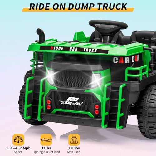 RCTOWN 24V Kids Ride On Dump Truck with R/C, 2 Seater Electric Car - 2WD/4WD Powerful Motors, 4.4 Mph, Electric Dump Bed & Shovel, EVA Tires, Music Player, Soft Start, 19" Spacious Seat (Green)