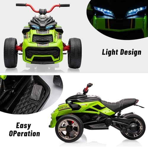 RCTOWN 12V 3 Wheeler Ride On ATV Electric Motorcycle, Battery Powered Electric Vehicle w/Led Lights, High & Low Speed, Horn, Music, USB, Treaded Tires, Ride On Car for Kids Gift, Green