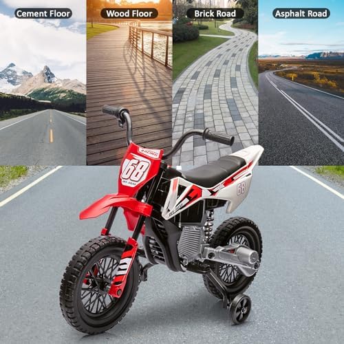 RCTOWN 12V Kids Motorcycle with Training Wheels, Bluetooth Music, Electric Dirt Bike for Kids, Twist Grip Throttle, Max Speed 3 MPH, Children Ride Motorcycle, Spring Suspension, Suitable for 3-8 Years Olds