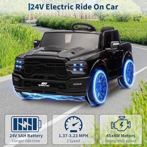RCTOWN 24V Ride on Toys Licensed RAM 2500, 2 Seater Ride on Truck w/Remote Control, Spacious Truck Bed, 3 Speed, LED Lights, Suspension, Birthday Xmas Gifts for Boys Girls