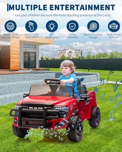RCTOWN 12V Ride on Truck Car, Licensed RAM Pickup Car w/Remote Control, Battery Powered Electric Car with Music, Spring Suspension, 3 Speeds, LED Lights & All-Terrain Tires, Gift for Boys Girls-Blue