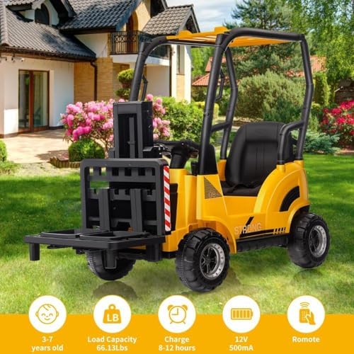 RCTOWN Ride on Forklift Car with Tent, 12V Electric Ride On Car with Liftable Fork and Pallet, High/Low Speed, Music, USB and Low-Power Alarm, Electric Construction Vehicle for Boys and Girls, Yellow