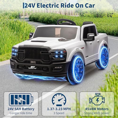 RCTOWN 24V Ride on Toys Licensed RAM 2500, 2 Seater Ride on Truck w/Remote Control, Spacious Truck Bed, 3 Speed, LED Lights, Suspension, Birthday Xmas Gifts for Boys Girls