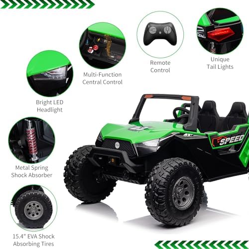 RCTOWN 24V 2 Seaters Ride On UTV with Remote Control, Battery Powered Extra Large Ride Car Toy for 2 Kids, 2 Seats+One More Foldable Seat, 15.4" Eva Wheels Off-Road with Music, Light for 3-8 Years,Green