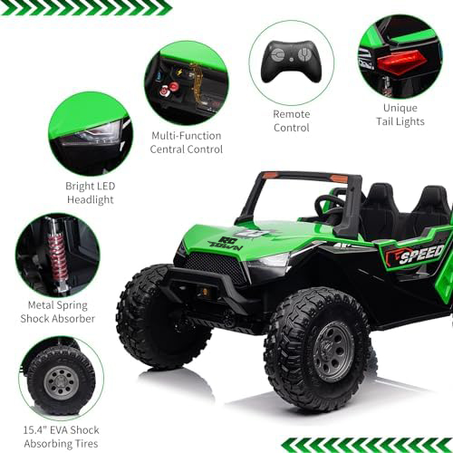 RCTOWN 24V 2 Seaters Ride On UTV with Remote Control, Battery Powered Extra Large Ride Car Toy for 2 Kids, 2 Seats+One More Foldable Seat, 15.4" Eva Wheels Off-Road with Music, Light for 3-8 Years,Green
