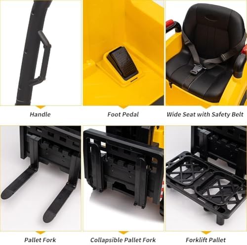 RCTOWN Ride on Forklift Car with Tent, 12V Electric Ride On Car with Liftable Fork and Pallet, High/Low Speed, Music, USB and Low-Power Alarm, Electric Construction Vehicle for Boys and Girls, Yellow