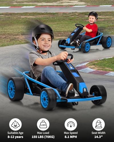 RCTOWN 24V Go Kart for Kids 8-12 Years, 300W*2 Extra Powerful Motors, 9Ah Battery 8.1MPH High Speed Drifting with Power Display,Music, Horn, Max Load 155Lbs Outdoor Ride On Toy for Teens, New-Version Blue