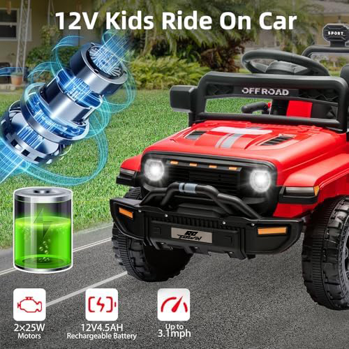 RCTOWN Ride On Truck Car, 12V Ride On Toy w/Parent Remote Control, Steering Wheel Music, 4-Wheel Spring Suspension, Led Lights, 2 Speeds, Kids Electric Vehicles for Age 3-5, Green