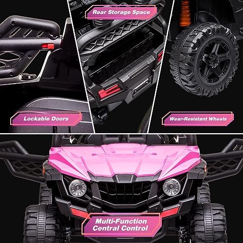 RCTOWN 12V Ride On Car UTV with Parent Remote Control for Kids Toys, Spring Suspension LED Lights AUX Port Music USB, Pink