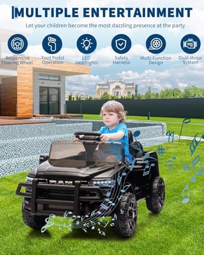 RCTOWN 12V Ride on Truck Car, Licensed RAM Pickup Car w/Remote Control, Battery Powered Electric Car with Music, Spring Suspension, 3 Speeds, LED Lights & All-Terrain Tires, Gift for Boys Girls-Blue