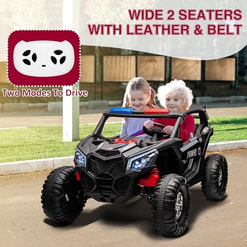 RCTOWN Two Seater 24V Kids Ride on UTV Car, RCTOWN 4WD 300W Motors Powerful Electric Vehicle w/Remote Control, 4 Shock Absorbers, Leather Seats, Music and Lights, Electric Car for Kids, Blue