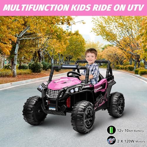 RCTOWN Ride On Car for Kids, 12V Toy Electric Truck UTV with Large Wide Seat and Remote Control, Led Lights, Wireless Connection, Music, 2 Spring Suspension