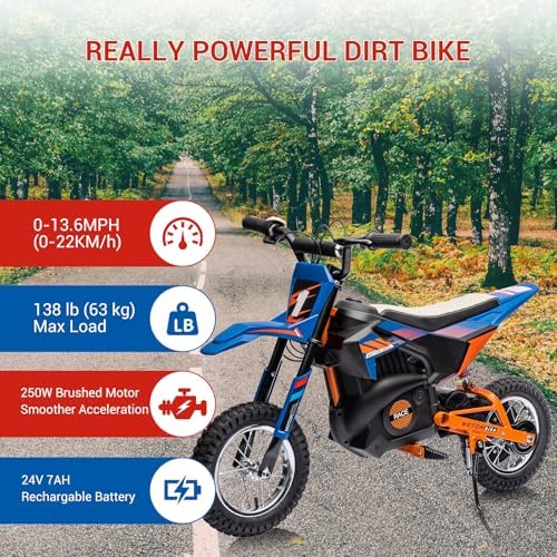 RCTOWN 24V Kids Ride On Electric Off-Road Motorcycle,250W Motor 13.6MPH Fast Speed Dirt Bike Motocross,Leather Seat,Twist Grip Throttle,Metal Suspension,Air-Filled Tires for Kids Riding Toy,Blue
