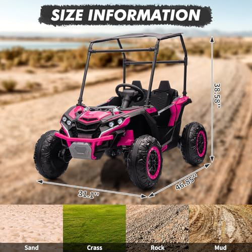 RCTOWN 24V Kids Ride On UTV, 2 Seater 4WD Electric Truck with Sun Shade, Remote Control, Led Lights, 4 Shock Absorbers,3 Speeds,Horn, and Music Player for Gift,Rose