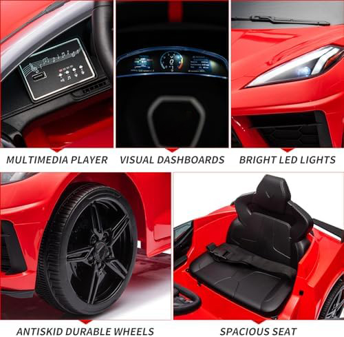 RCTOWN 12V Kids Ride on Car Licensed Corvette Battery Powered Car Toddles Electric Sports Car Toy with Remote Control, Visual Dashboard, LED Lights, Music, Gifts for Boys Girls, Red